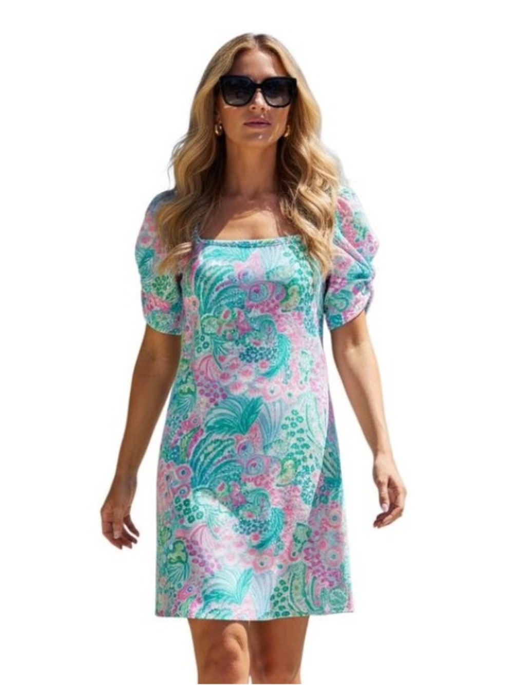 Lilly Pulitzer Haydn Pink & Teal Tropical Square-Neck Dress 💗💚